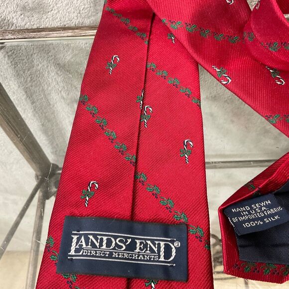 Vtg.  Lands End Silk Repp Tie Direct Merchants Candy Canes Red Hand Sewn USA 56” - Picture 4 of 9